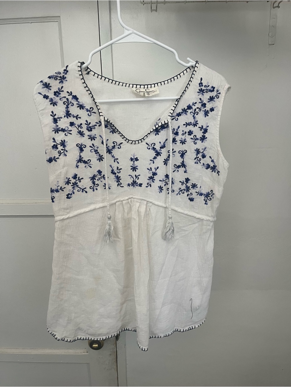 Jessica Simpson White Sleeveless Embroidered Camisole with Blue Floral Detail